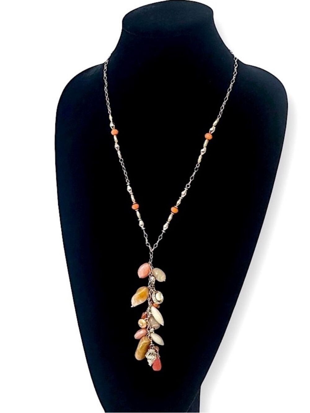 CHICO'S Pink Seashore Shell & Gemstone Lariat silver tone Necklace NEW
